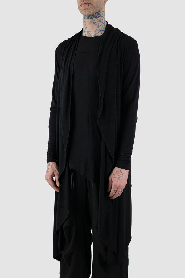 Experience ultimate comfort and style with this LA HAINE INSIDE US black asymmetric bamboo cardigan from the SS24 collection. Crafted from a luxuriously soft 96% bamboo and 4% elastane blend, it features a flattering asymmetric cut and a relaxed regular fit. The unique waterfall over hood adds a touch of drama, while decorative stitching details and two side pockets elevate the design.