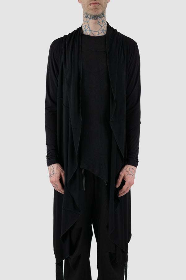 Front view of LA HAINE INSIDE US Black Asymmetric Bamboo Cardigan for Men showing waterfall hood and side pockets