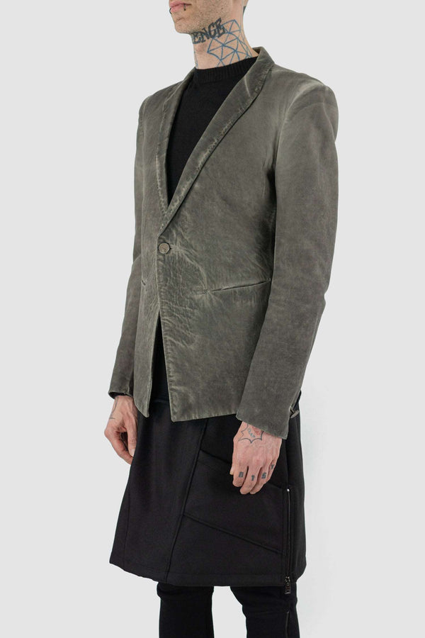 Avant Garde Boris Bidjan Saberi grey cold dyed Blazer Jacket for Men in Slim Fit Sizing and burned Steel Buttons, left side.