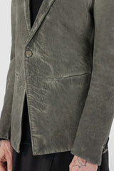 Avant Garde Boris Bidjan Saberi grey cold dyed Blazer Jacket for Men in Slim Fit Sizing and burned Steel Buttons, details view.