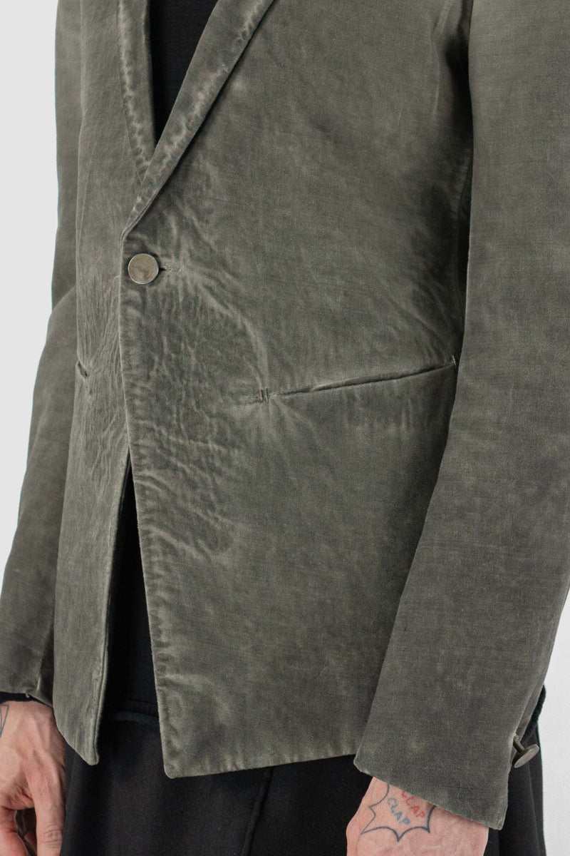 Avant Garde Boris Bidjan Saberi grey cold dyed Blazer Jacket for Men in Slim Fit Sizing and burned Steel Buttons, details view.