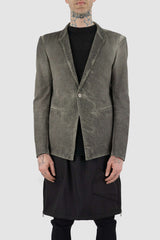 Avant Garde Boris Bidjan Saberi grey cold dyed Blazer Jacket for Men in Slim Fit Sizing and burned Steel Buttons , front view.