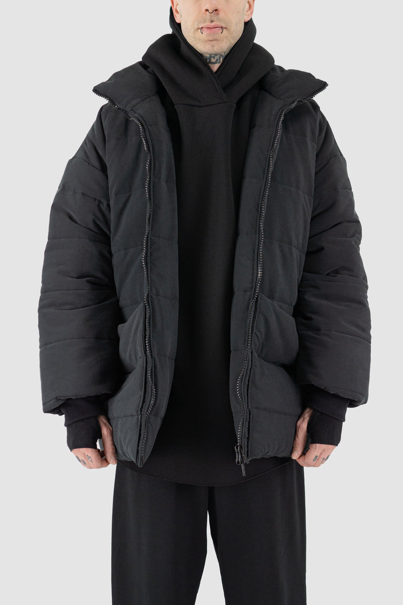 Open view FW23 Black Big Puffer Coat for Men - Front View by UY Studio