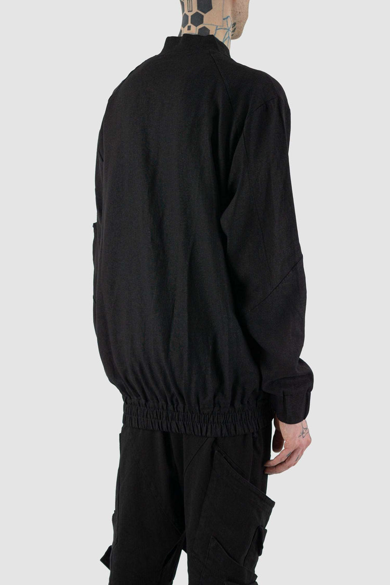 Side view of Black Viscose-Linen Bomber Jacket for Men with arm pocket and two-way zipper, LA HAINE INSIDE US