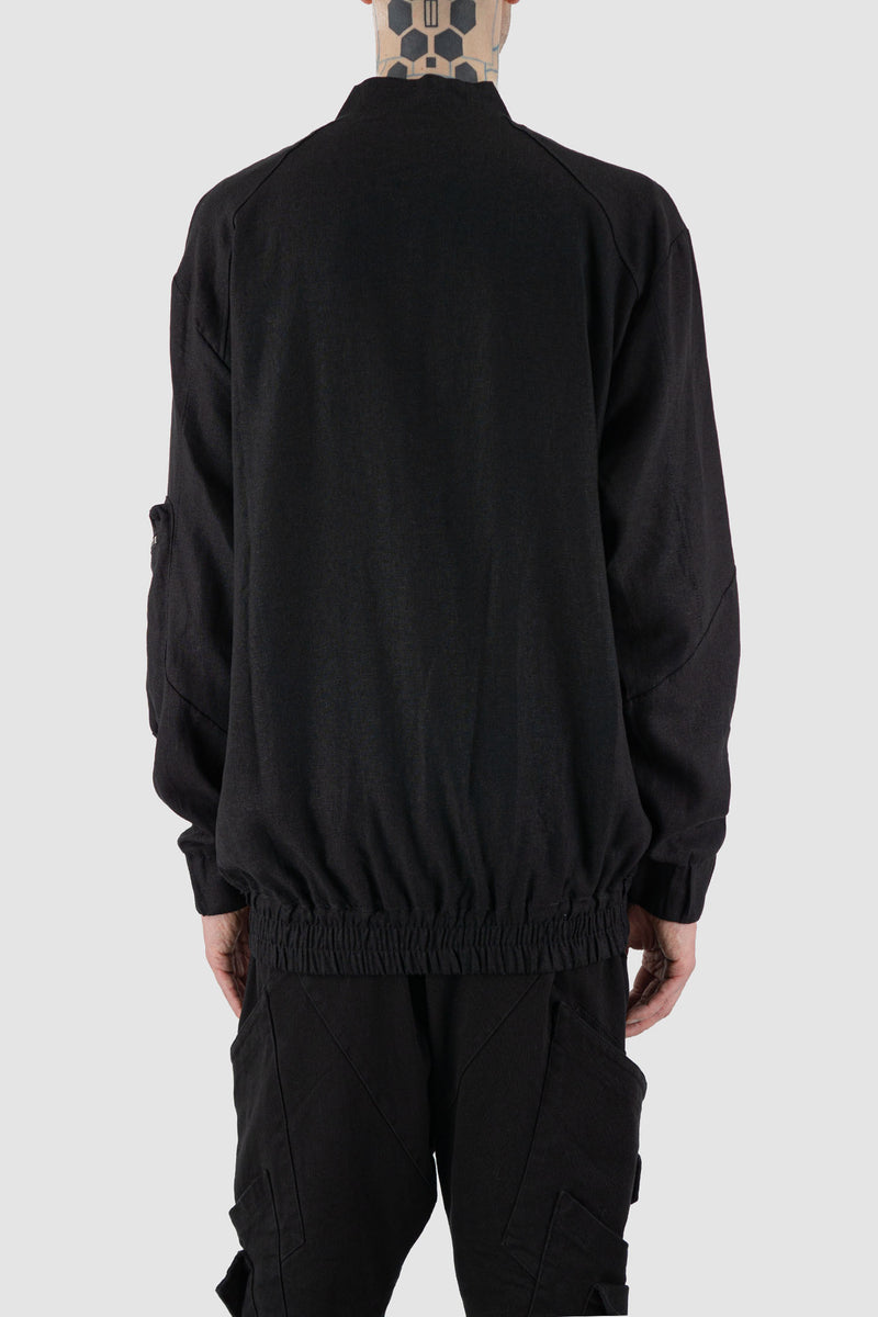Back view of Black Viscose-Linen Bomber Jacket for Men with arm pocket and two-way zipper, LA HAINE INSIDE US