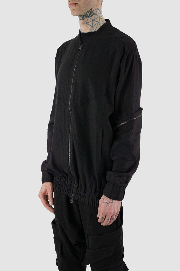 Side view of Black Viscose-Linen Bomber Jacket for Men with arm pocket and two-way zipper, LA HAINE INSIDE US
