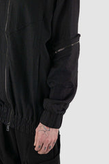 Side view of Black Viscose-Linen Bomber Jacket for Men with arm pocket and two-way zipper, LA HAINE INSIDE US