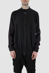 Front view of Black Viscose-Linen Bomber Jacket for Men with arm pocket and two-way zipper, LA HAINE INSIDE US