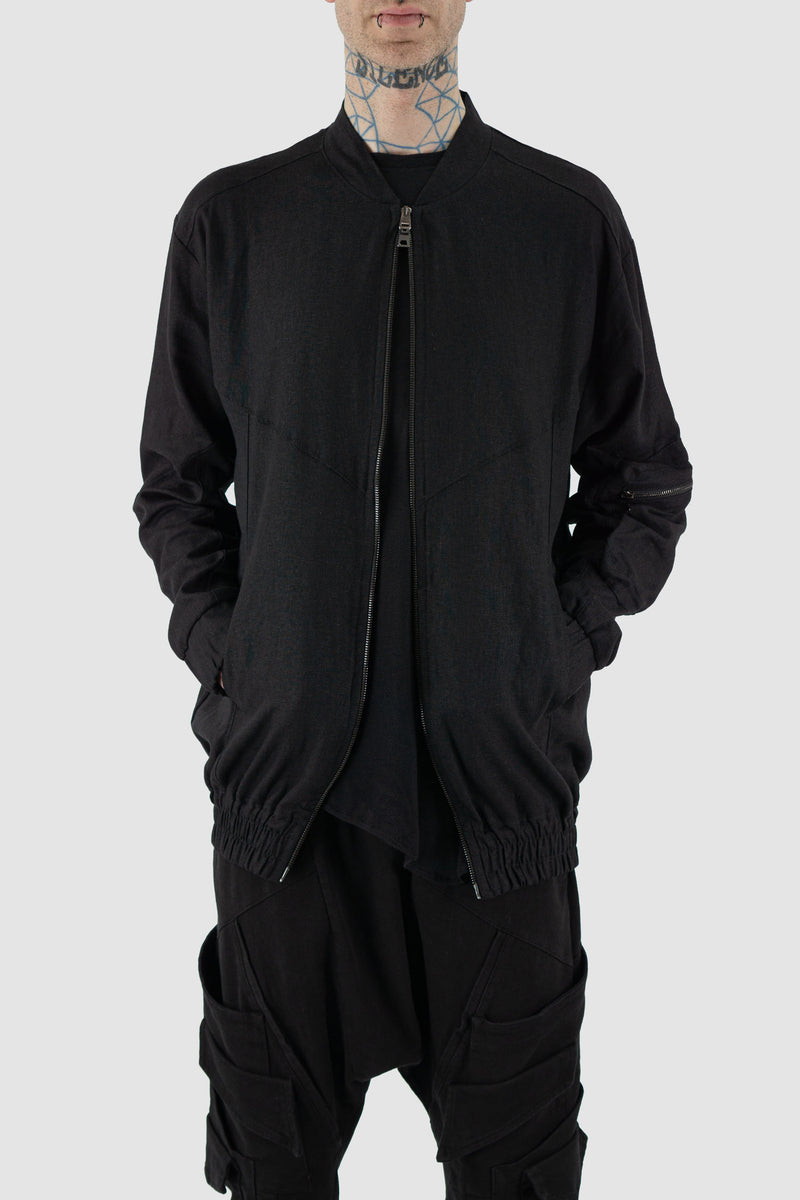 Front view of Black Viscose-Linen Bomber Jacket for Men with arm pocket and two-way zipper, LA HAINE INSIDE US