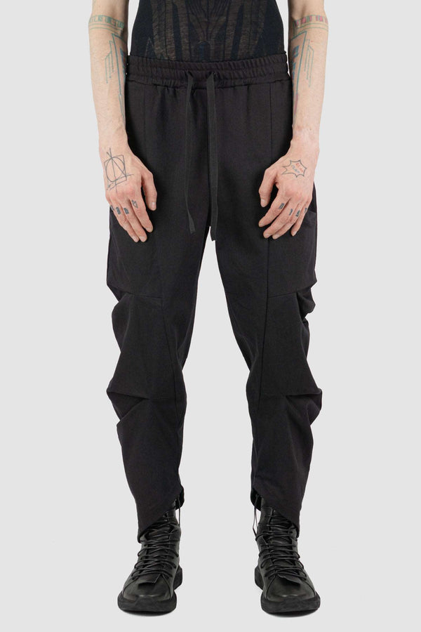 Front view of Black Bull Denim Pants for Men with elastic waistband and cargo side pockets, LA HAINE INSIDE US