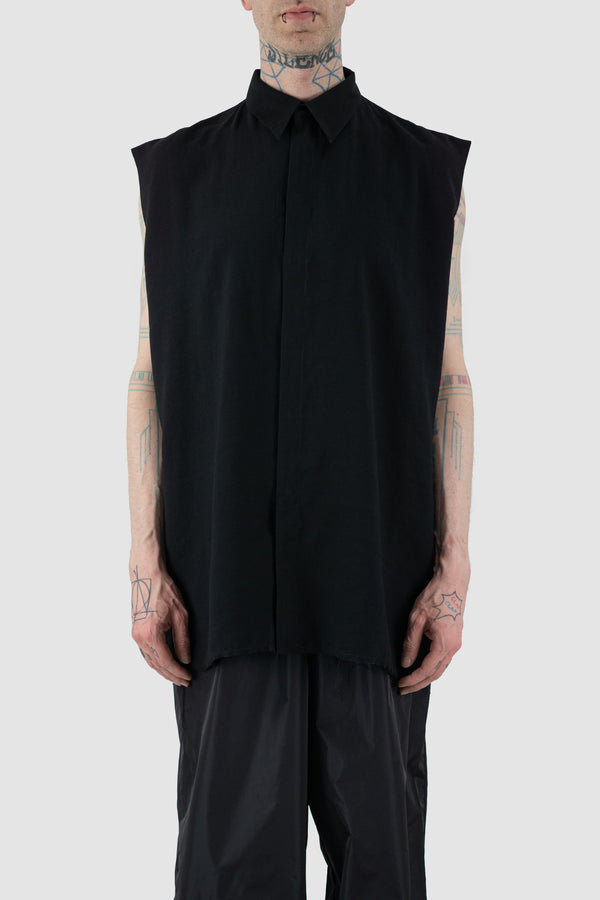 SS24 Black Sleeveless Oversize Shirt with Pointy Collar - Front View by UY Studio