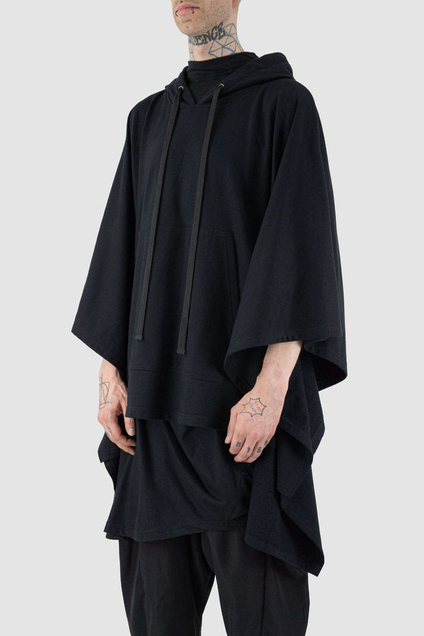 Side view of Black Habit Over Grunge Sweater showing shortened batwing arms, XCONCEPT