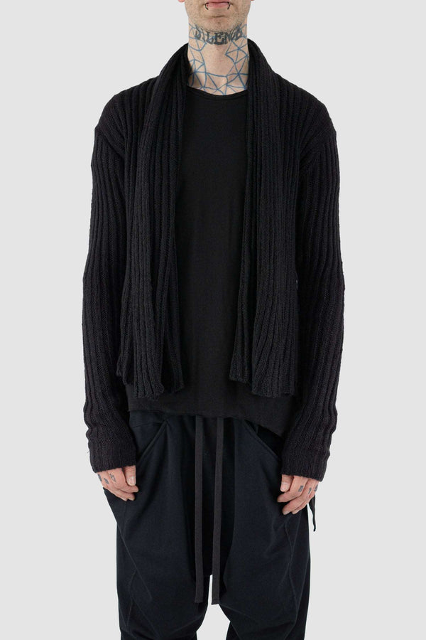 Front view of Black Patty Over Knit Cardigan with waterfall front detail, XCONCEPT