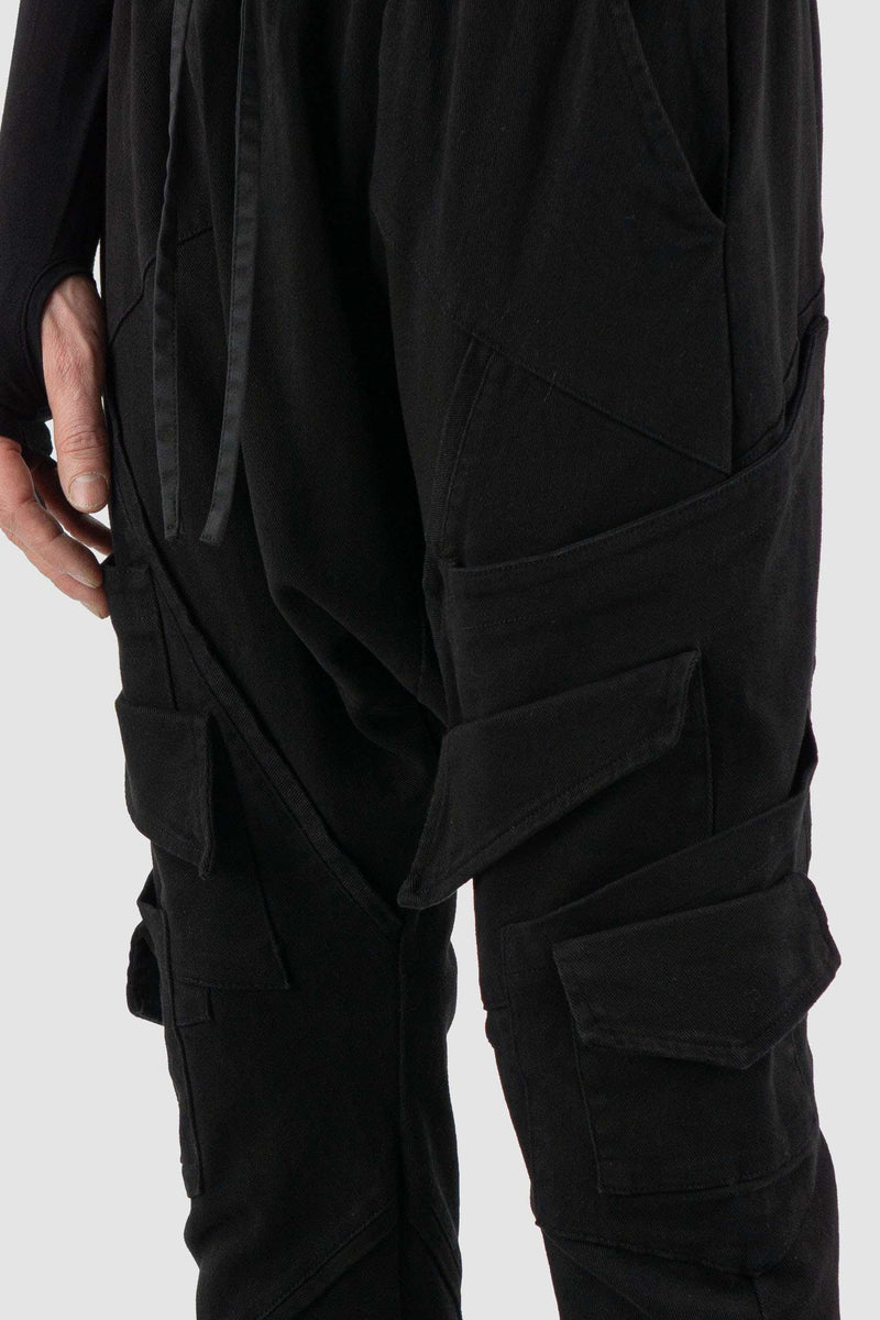 Close up view of Black Cotton Stretch Pants for Men with multi-pocket feature, LA HAINE INSIDE US