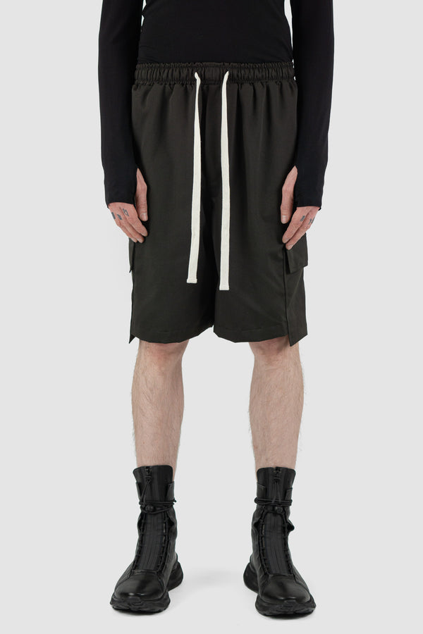 Front view of Black Cargo Shorts Rap Pant Posh with loose fit, XCONCEPT