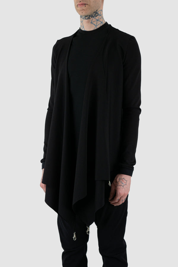 Side view of Black Clip Sweat Cardigan with multiple clips and waterfall collar, OBECTRA