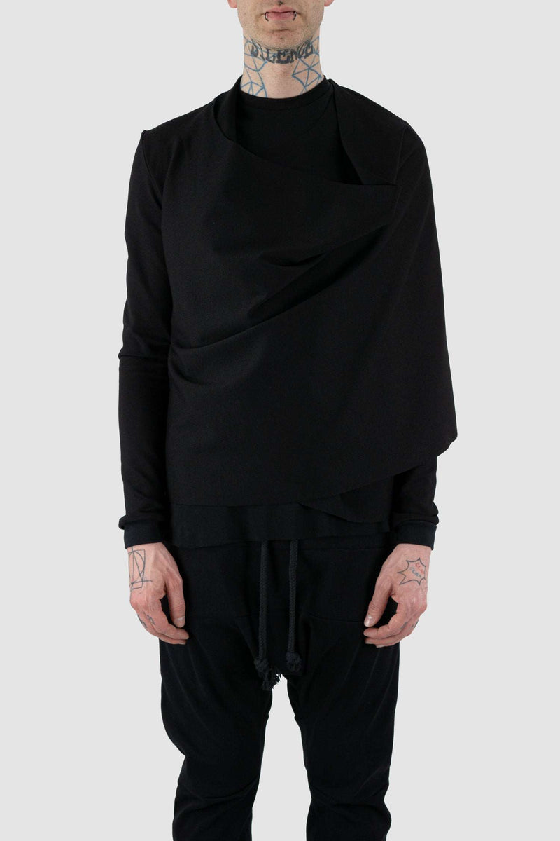 Draped view of Black Clip Sweat Cardigan with multiple clips and waterfall collar, OBECTRA