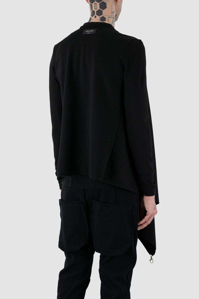 Back side view of Black Clip Sweat Cardigan with multiple clips and waterfall collar, OBECTRA