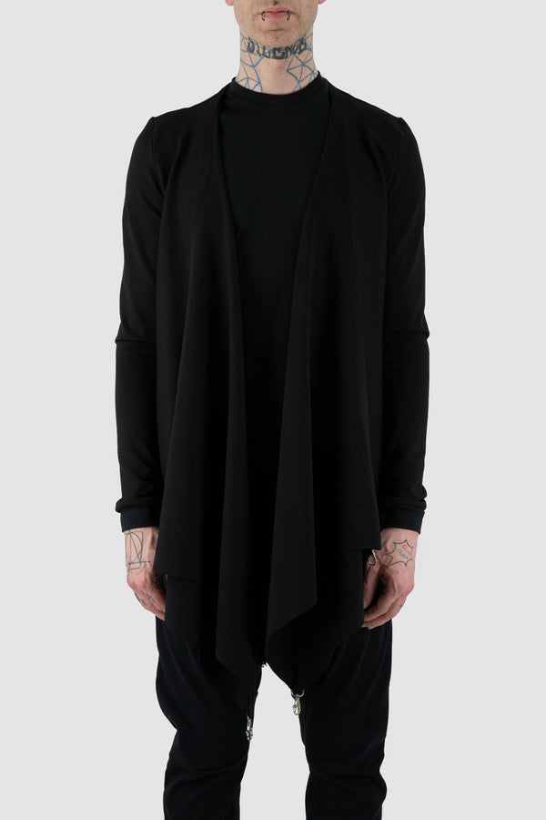 Front view of Black Clip Sweat Cardigan with multiple clips and waterfall collar, OBECTRA