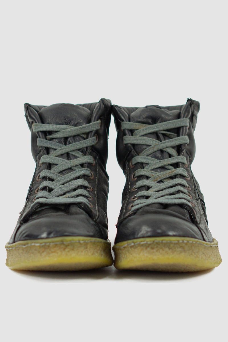 Culture of Brave - front view Black ankle high top leather sneaker for Men from the permanent Collection in object dyed Kangaroo.