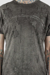 Culture of Brave - Front detail view of grey object-dyed seamless organic cotton men's S/S T-shirt, Permanent Collection.