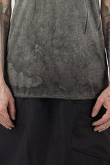 Culture of Brave - Front hem view of grey object-dyed seamless organic cotton men's S/S T-shirt, Permanent Collection.