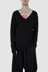 Top view of Black Deep Top Longsleeve highlighting deep V-cut, XCONCEPT