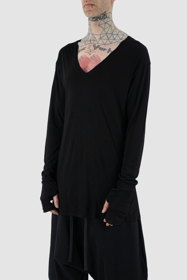 Side view of Black Deep Top Longsleeve showing thumb hole details, XCONCEPT