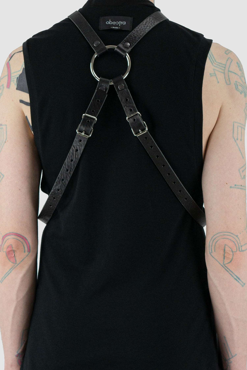 Close up view of Black Double Strap Leather Harness with adjustable buckles, OBECTRA