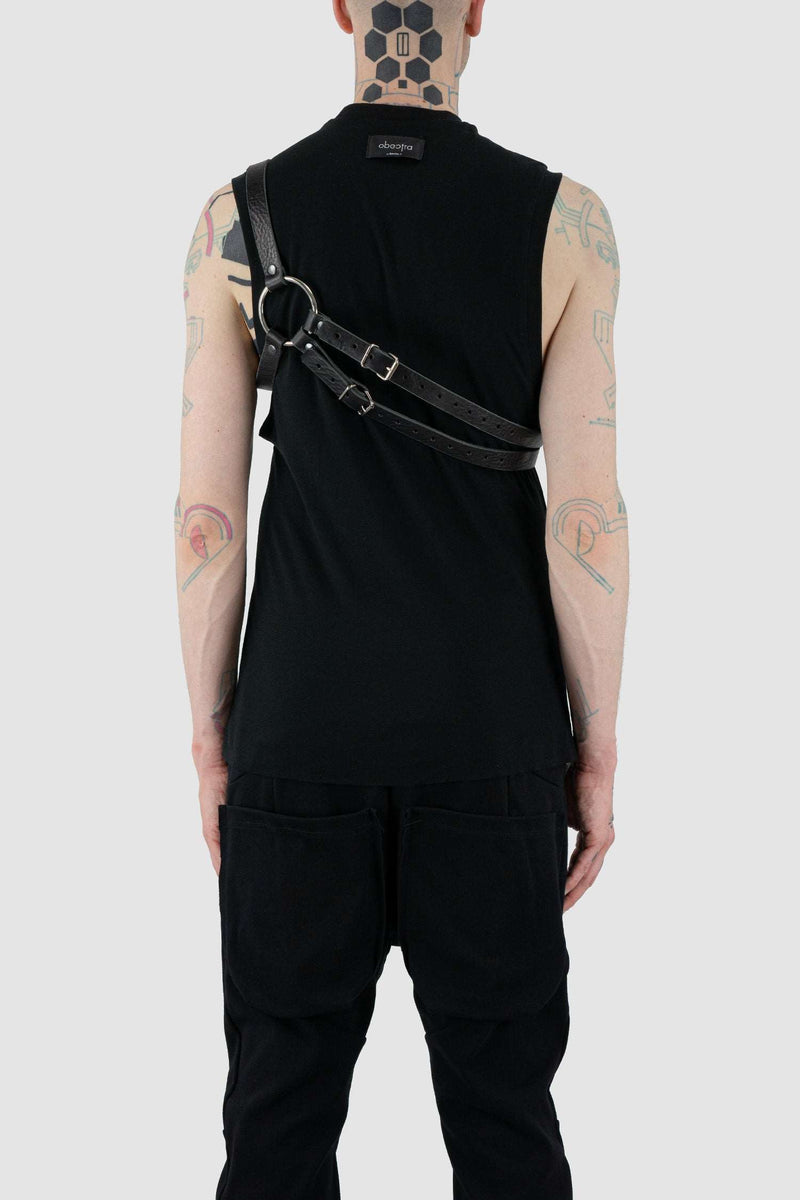 Variation back view of Black Double Strap Leather Harness with adjustable buckles, OBECTRA