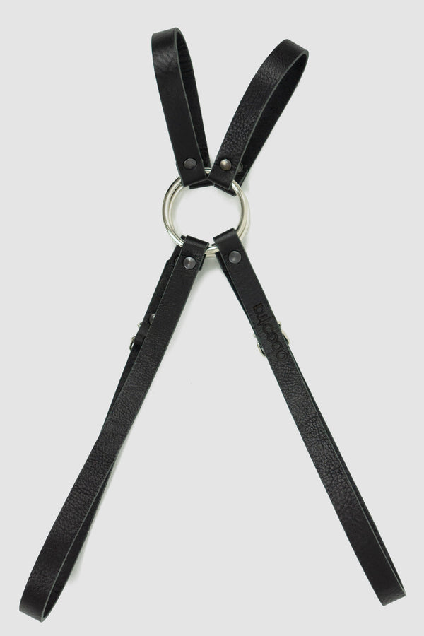 Front view of Black Double Strap Leather Harness with adjustable buckles, OBECTRA