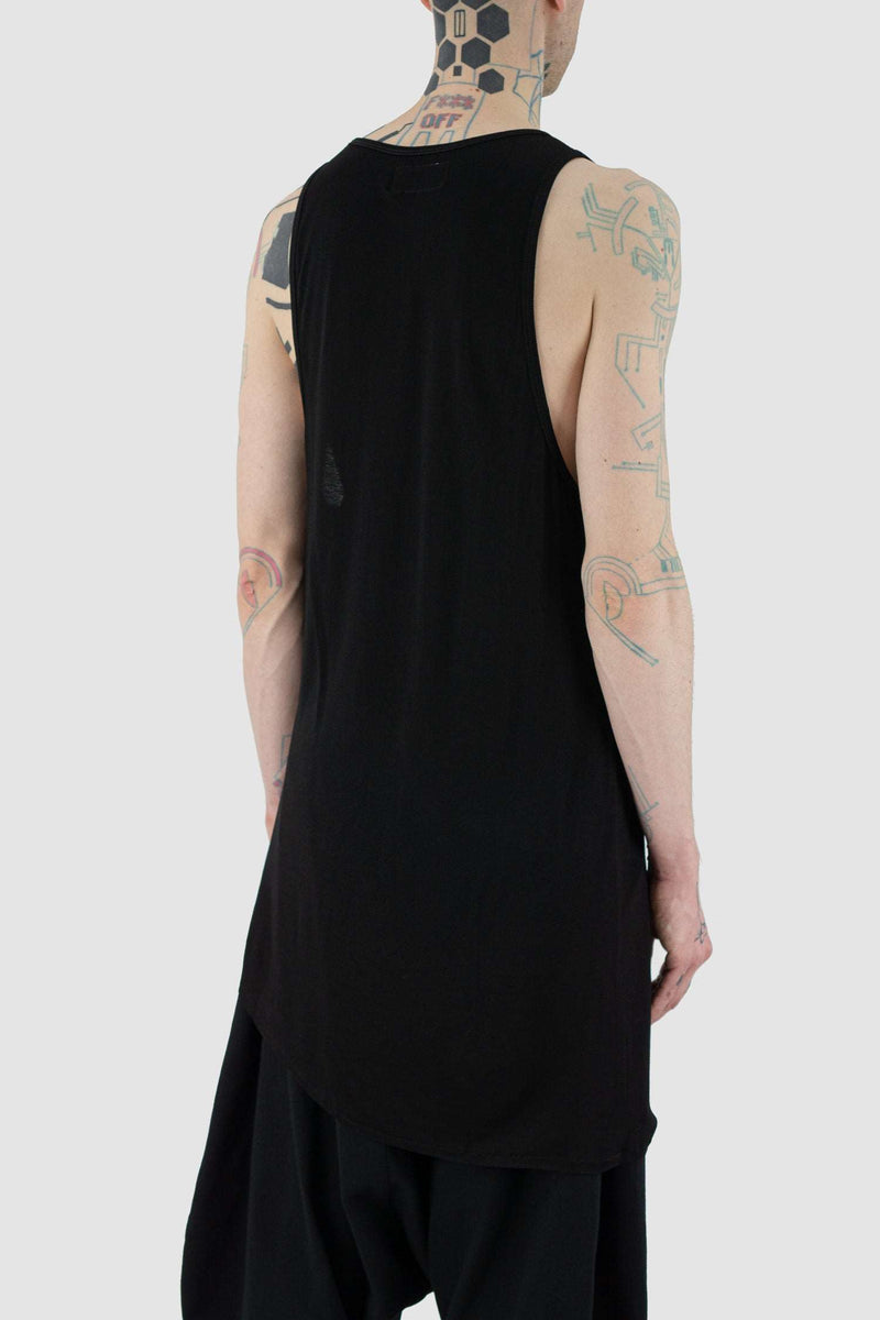 Top view of Black Down Tank Top highlighting straight fit, XCONCEPT