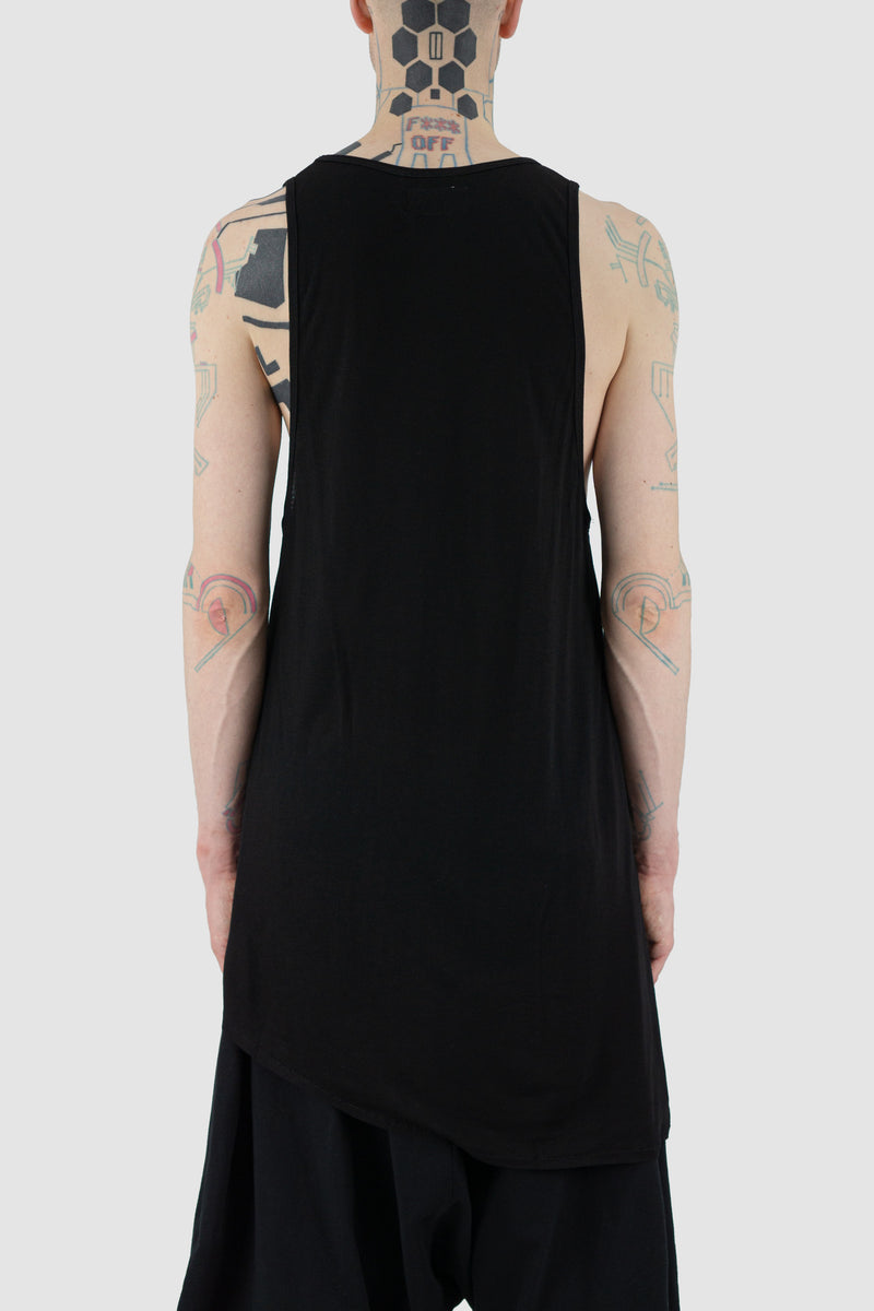 XCONCEPT Men's Black Cotton-Bamboo Tank - SS24 Collection | 100% Cotton Bamboo, Straight Fit, Deep Side Cut, Asymmetrical Hem | Made in Bali