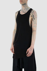 Side view of Black Down Tank Top showing asymmetrical hem, XCONCEPT