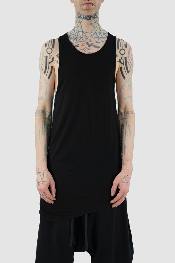 Front view of Black Down Tank Top with deep side cut, XCONCEPT