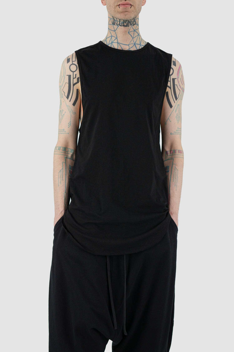 Styling view of Black Drag Tank Top with black back strap, XCONCEPT