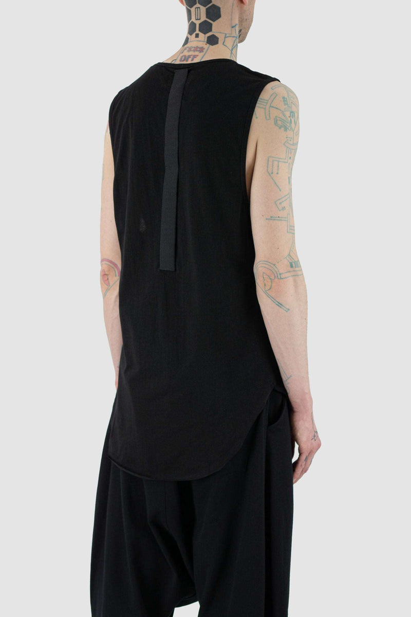 Top view of Black Drag Tank Top highlighting straight fit, XCONCEPT