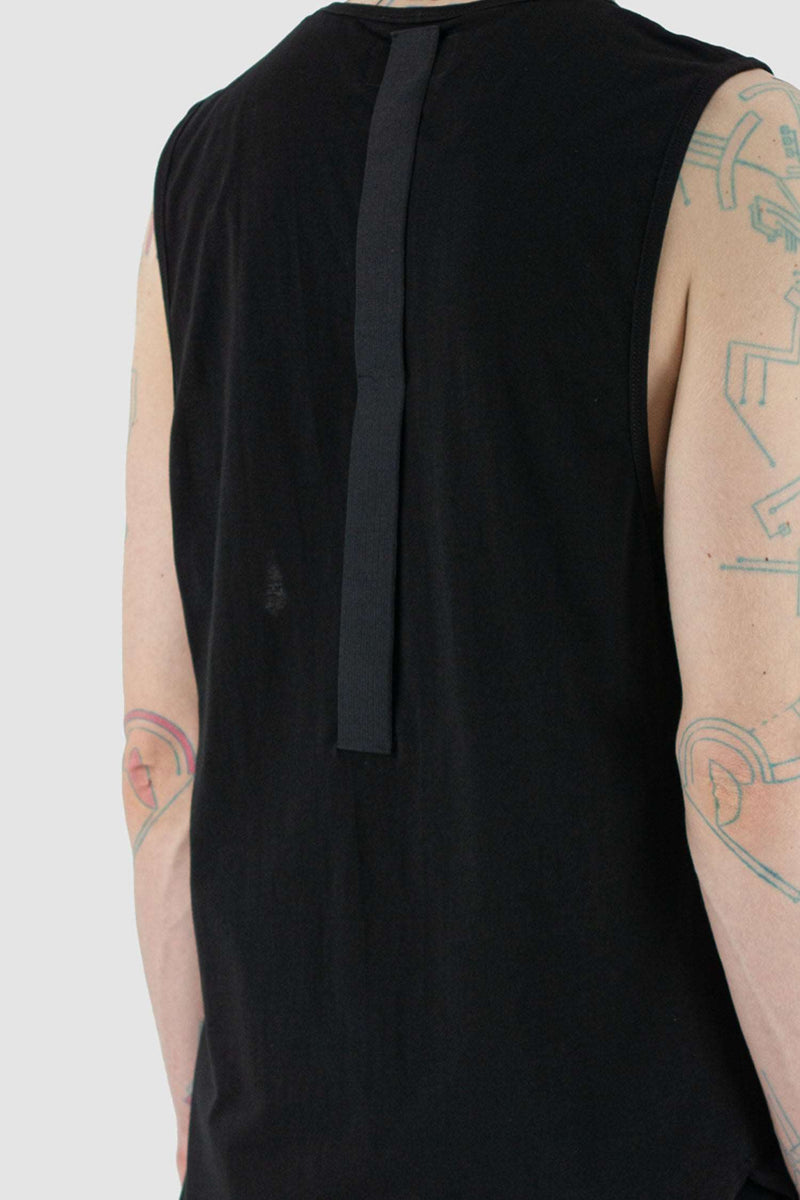 Detail view of Black Drag Tank Top with black back strap, XCONCEPT