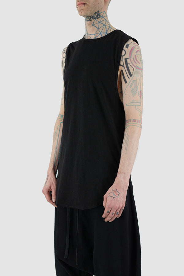 Side view of Black Drag Tank Top showing round hem, XCONCEPT