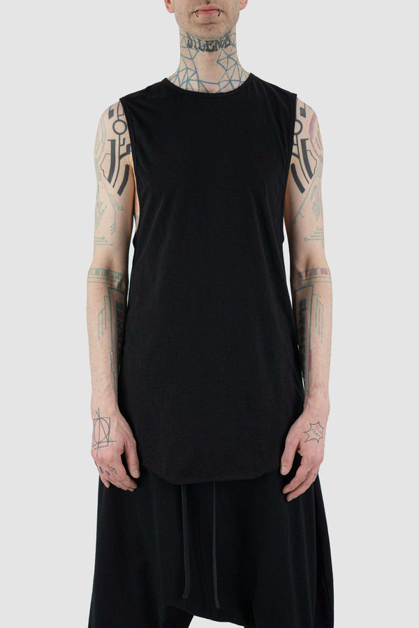 Front view of Black Drag Tank Top with deep side cuts, XCONCEPT