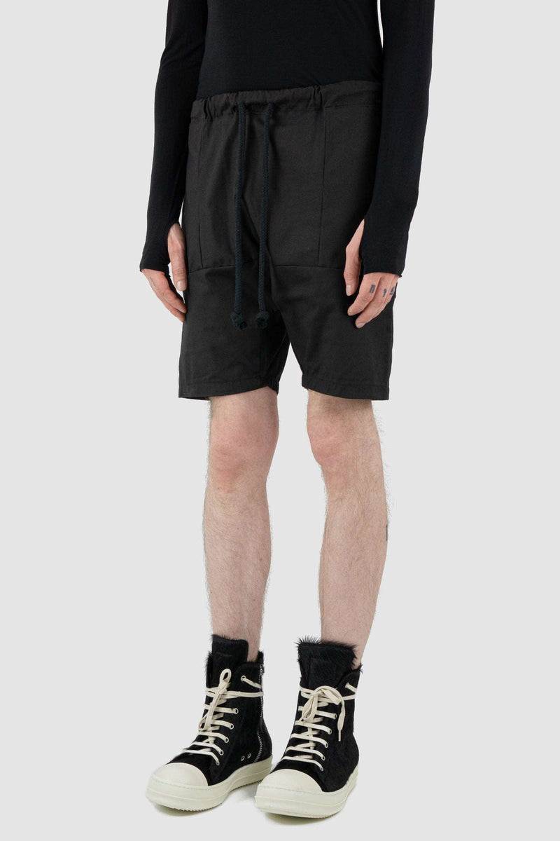 OBECTRA black Dusk cotton shorts from the Permanent Collection featuring a low crotch and back pockets positioned lower left side.