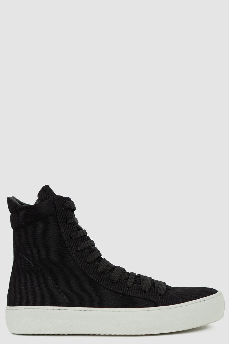 THE LAST CONSPIRACY Black Canvas High Top Sneaker - SS24 Collection | 100% Cotton Canvas | 10 Eyelets Fastening Details, White Buffed Rubber Sole | Made in Portugal | Model is Wearing: 43 | Model Measurements: 182 CM | 63 KG | Product Code: EMANUEL CANVAS B/W