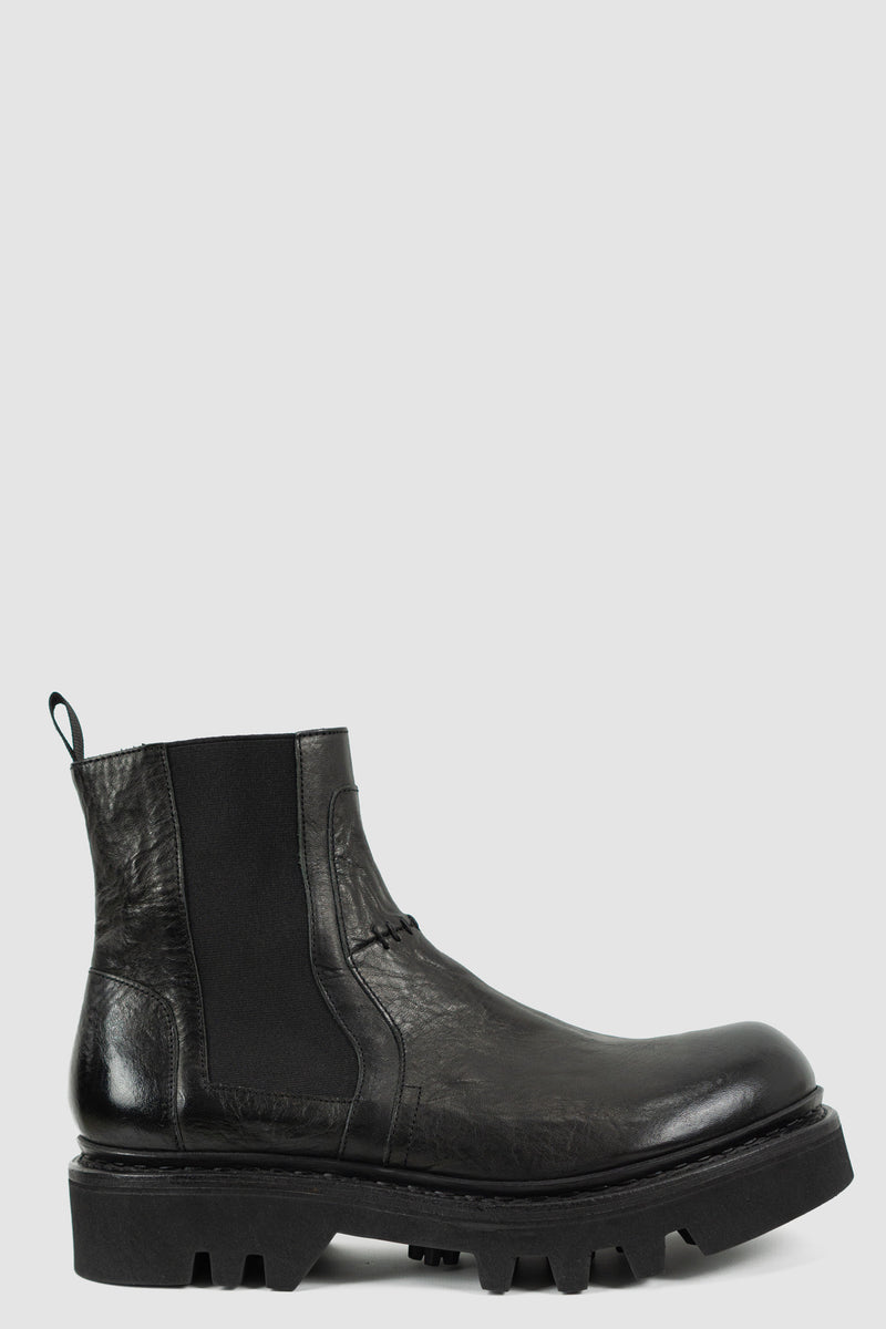 Side left view of Black Scar Stitch Chelsea Boots showing ankle high design, THE LAST CONSPIRACY