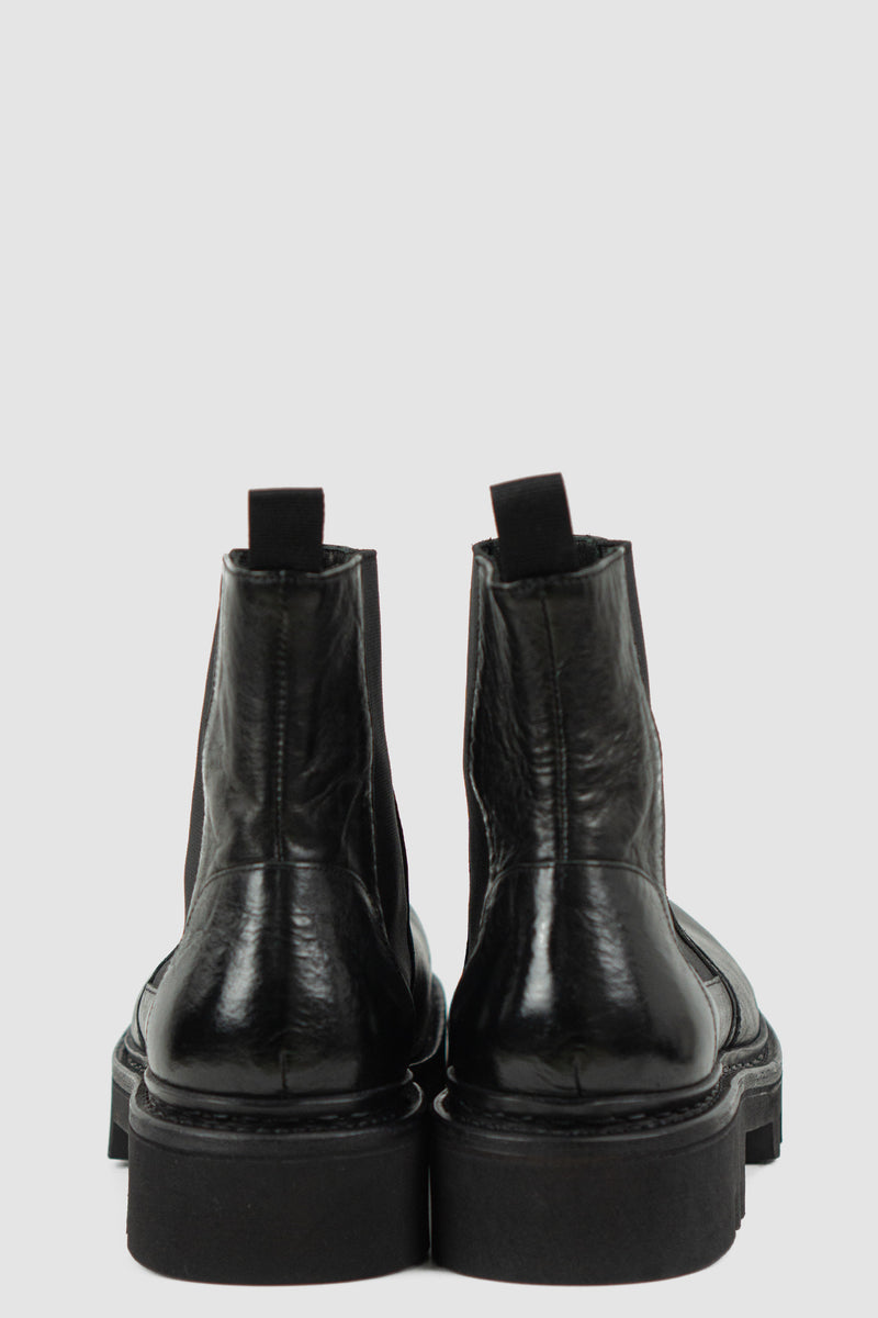 Back view of Black Scar Stitch Chelsea Boots with high top design, THE LAST CONSPIRACY
