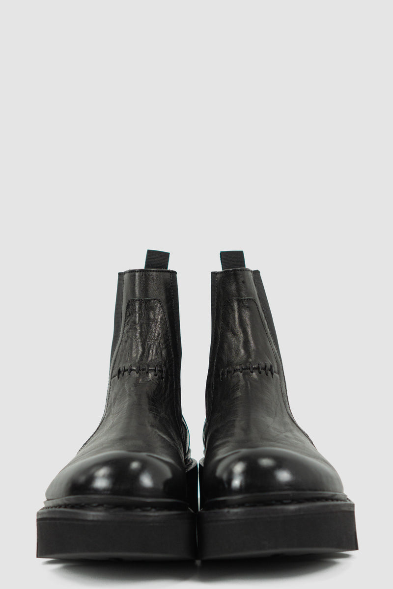 ront view of Black Scar Stitch Chelsea Boots with tractor sole, THE LAST CONSPIRACY