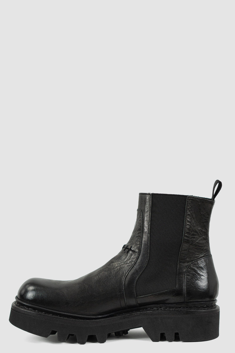 Detail view of Black Scar Stitch Chelsea Boots with back pull, THE LAST CONSPIRACY