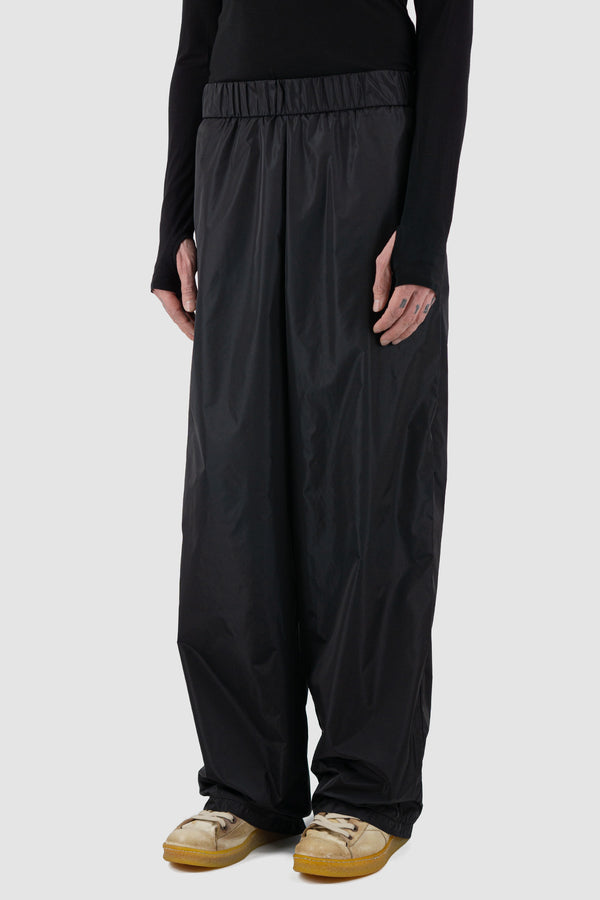 Black Recycled Nylon Wide Leg Pants with Loose Fit - Side View by UY Studio