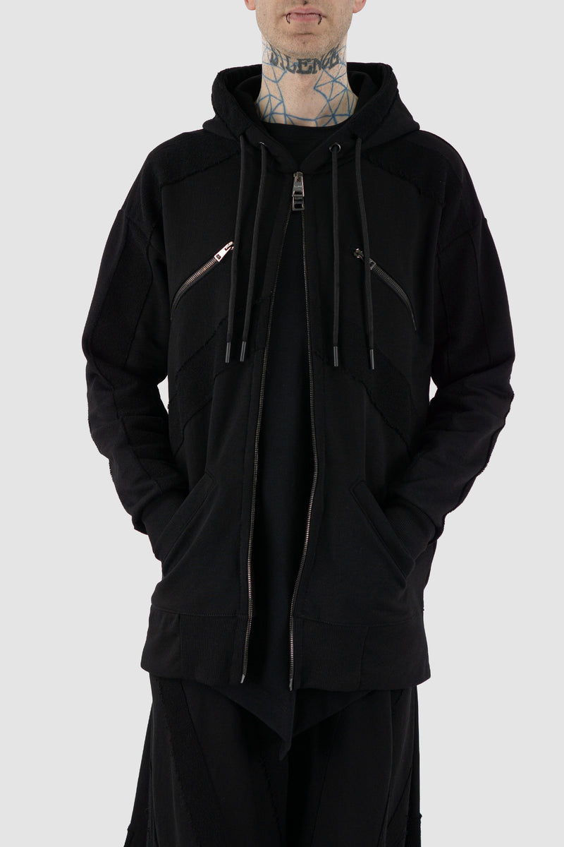 Front view of Black Sweater Jacket for Men with double zip and hood, LA HAINE INSIDE US