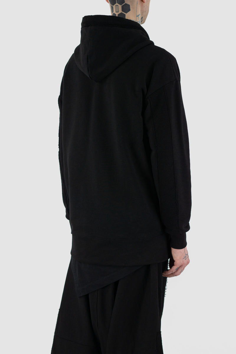 Side view of Black Sweater Jacket for Men with double zip and hood, LA HAINE INSIDE US