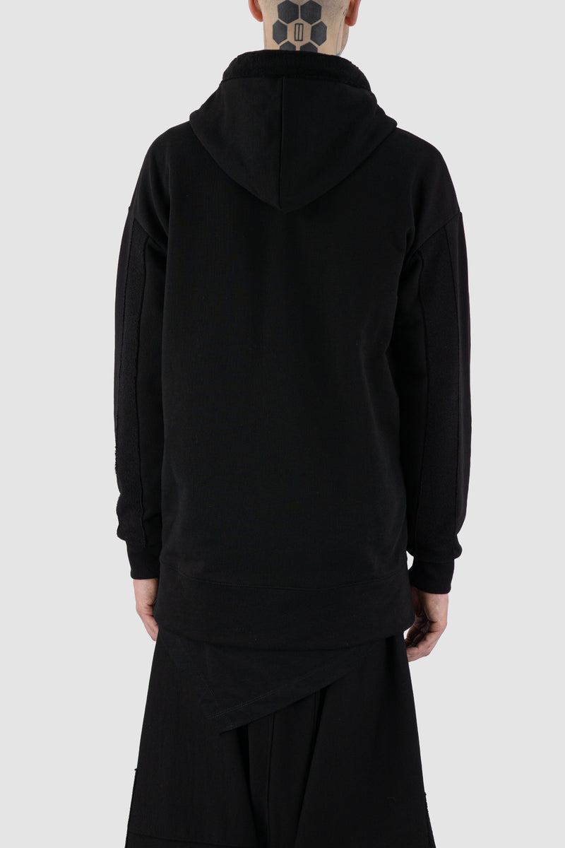 Back view of Black Sweater Jacket for Men with double zip and hood, LA HAINE INSIDE US